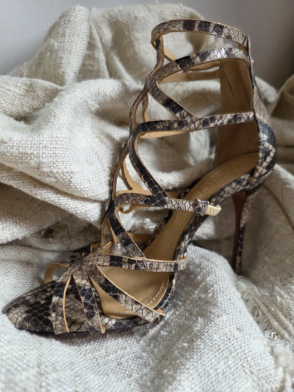 SCHUTZ Brown Snake-Print Strappy High Heel Sandals (heel 10cm)